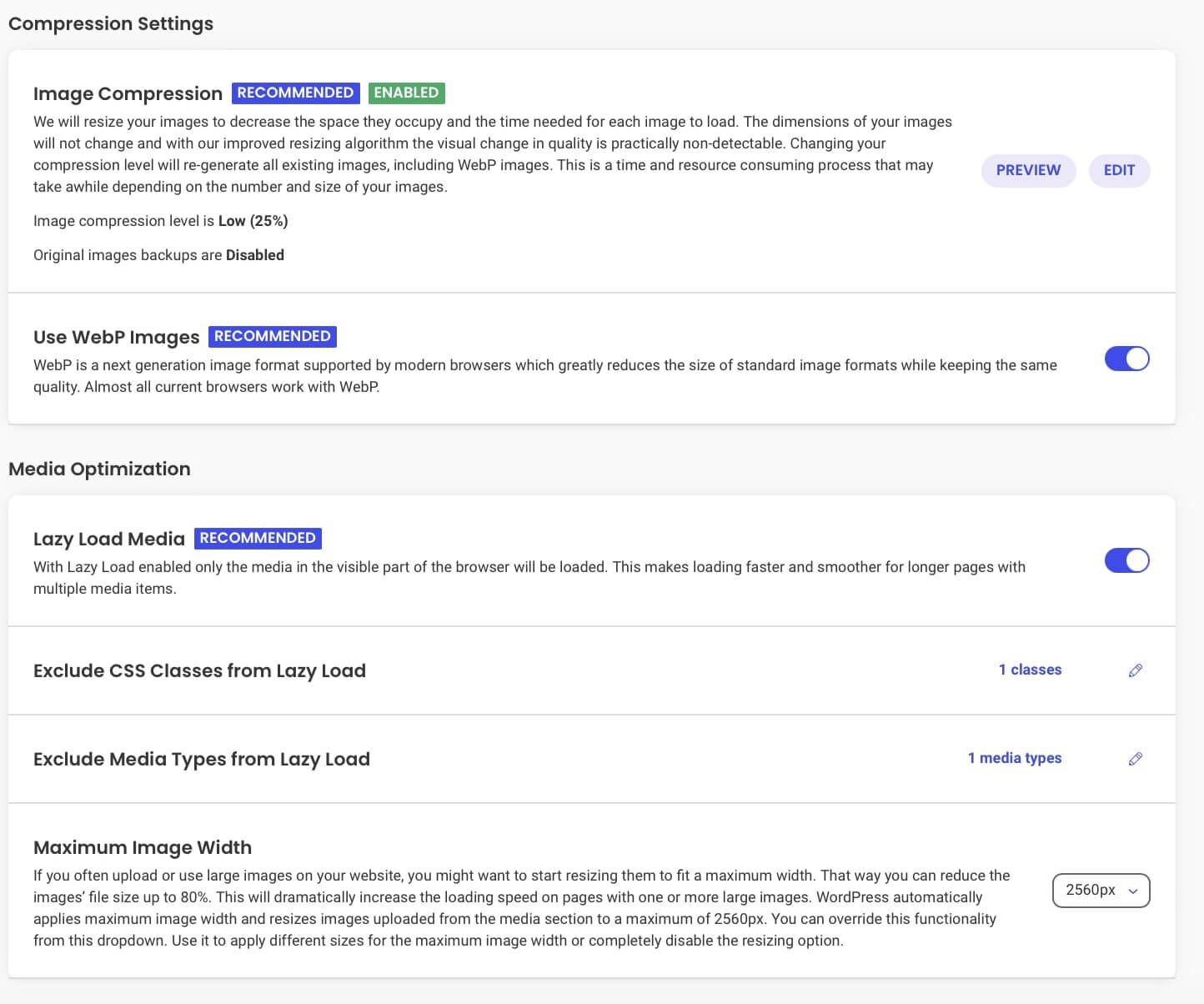 A screenshot of the Speed Optimizer compression and media optimization settings.