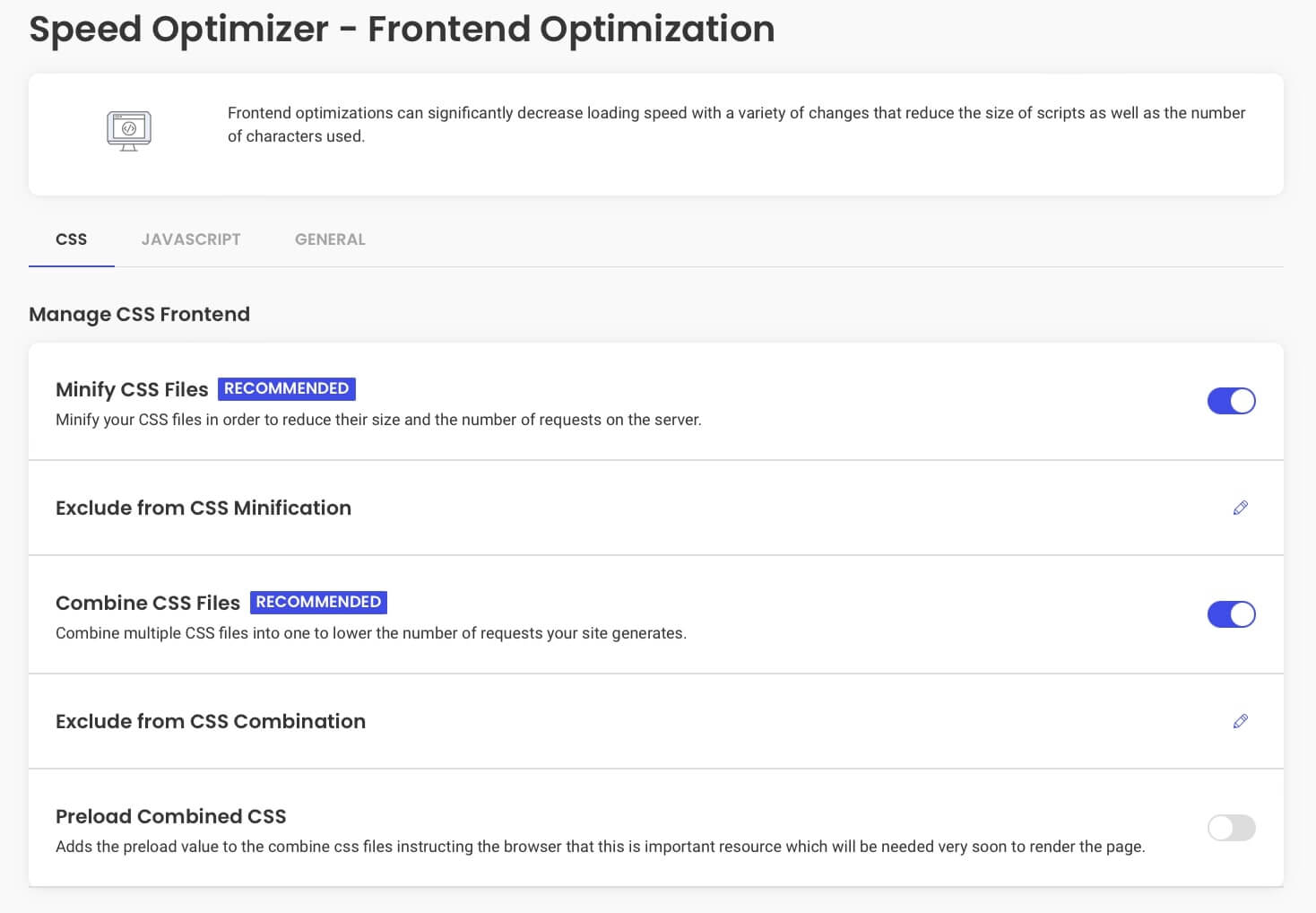 A screenshot of the Speed Optimizer frontend optimization settings.