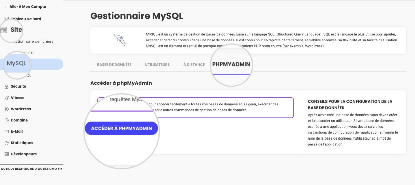 Comment accéder à phpMyAdmin depuis la section MySQL dans les Site Tools
