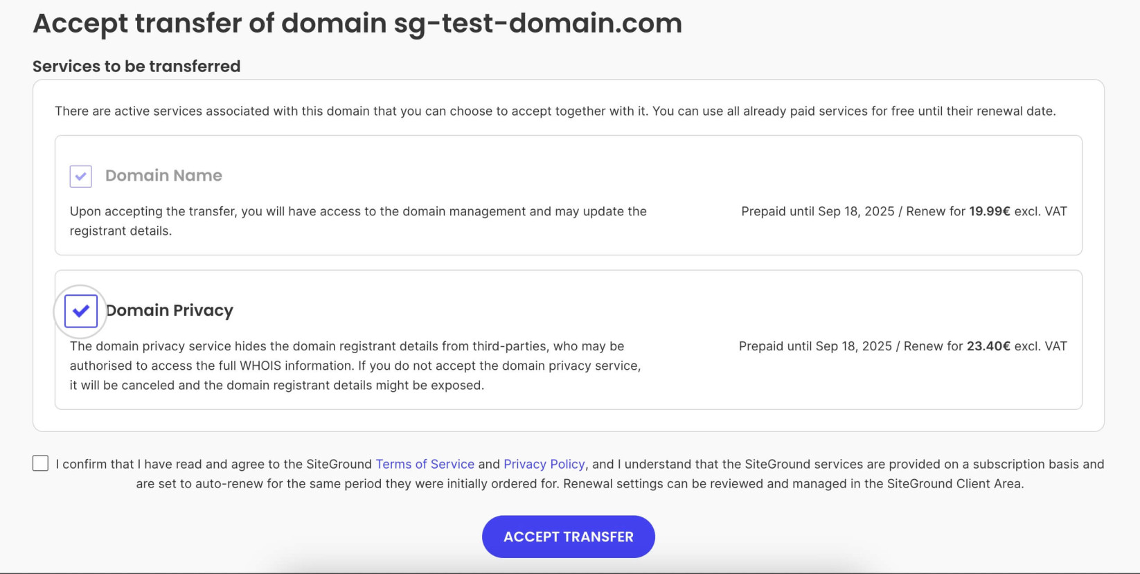 A screenshot of the accept domain transfer page.