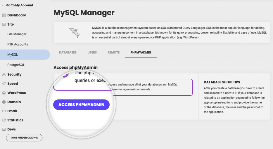 Access PHPMyAdmin from Site Tools