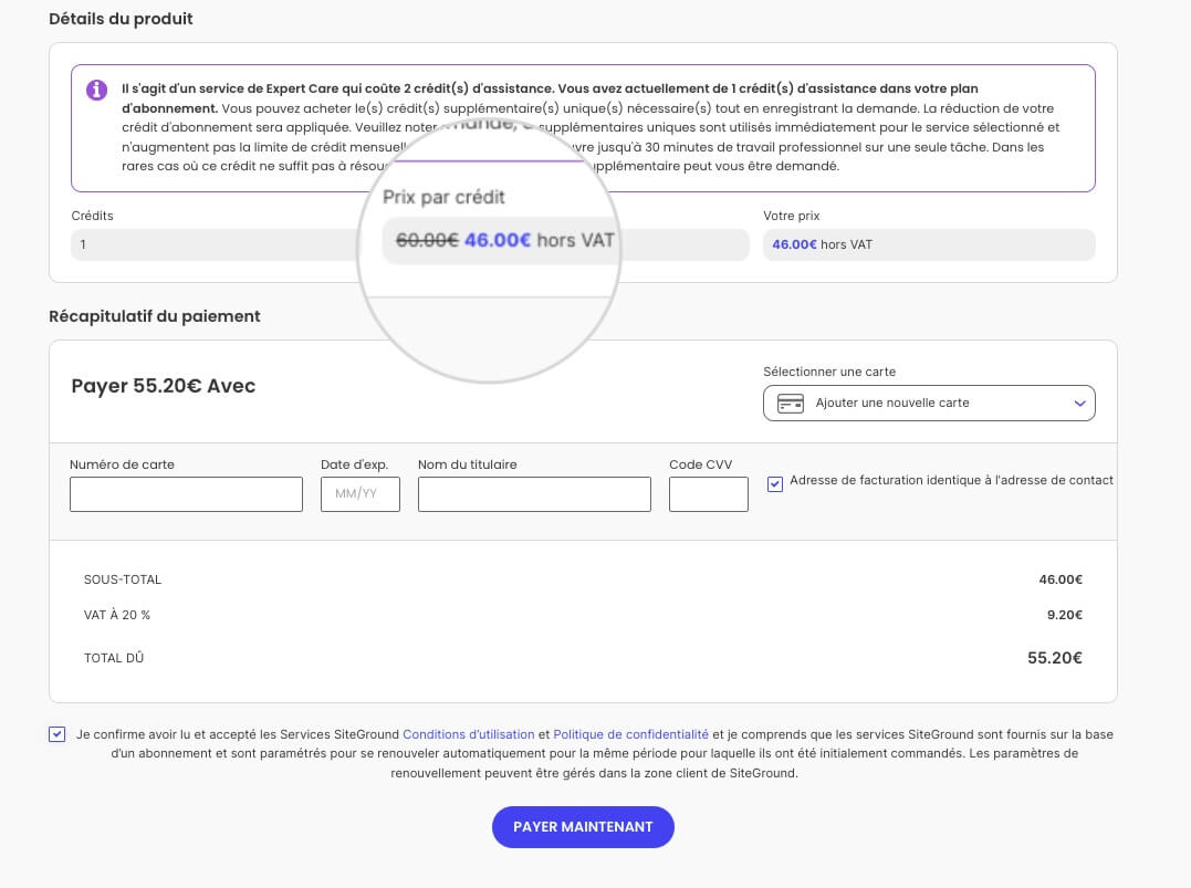 Achat unique de crédits supplémentaires pour un service Expert Care