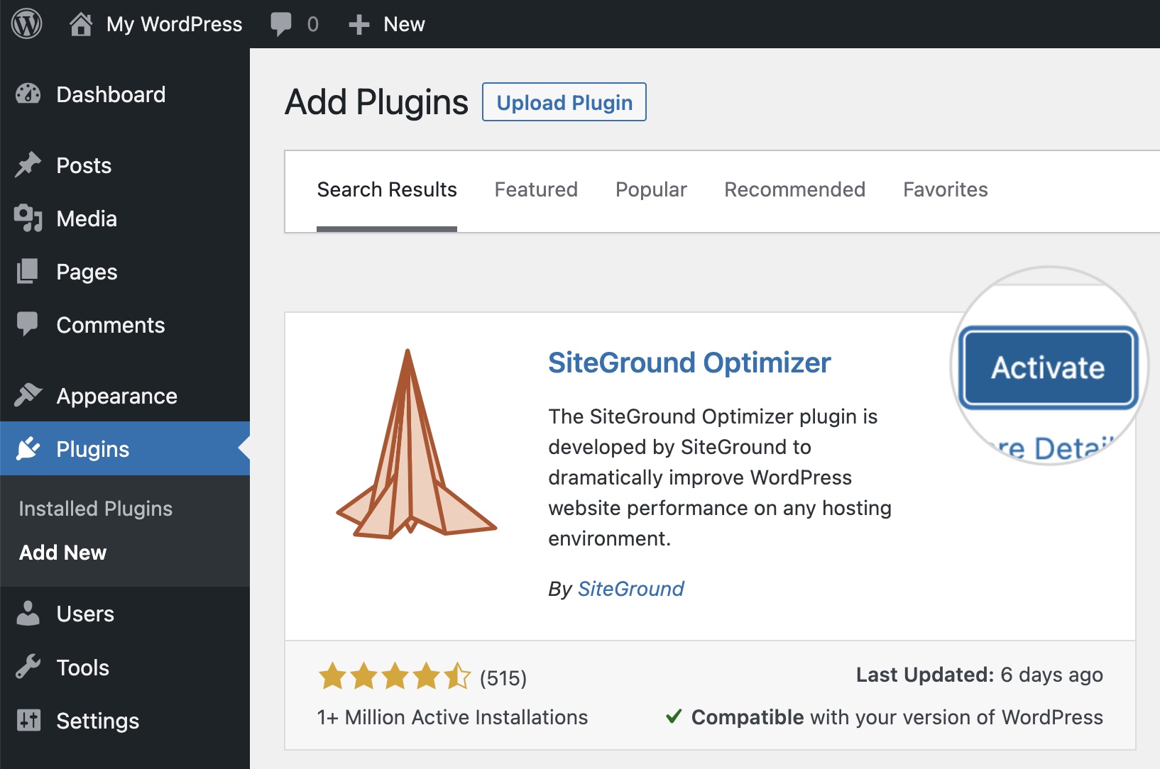 "Activate" button for a new WordPress plugin