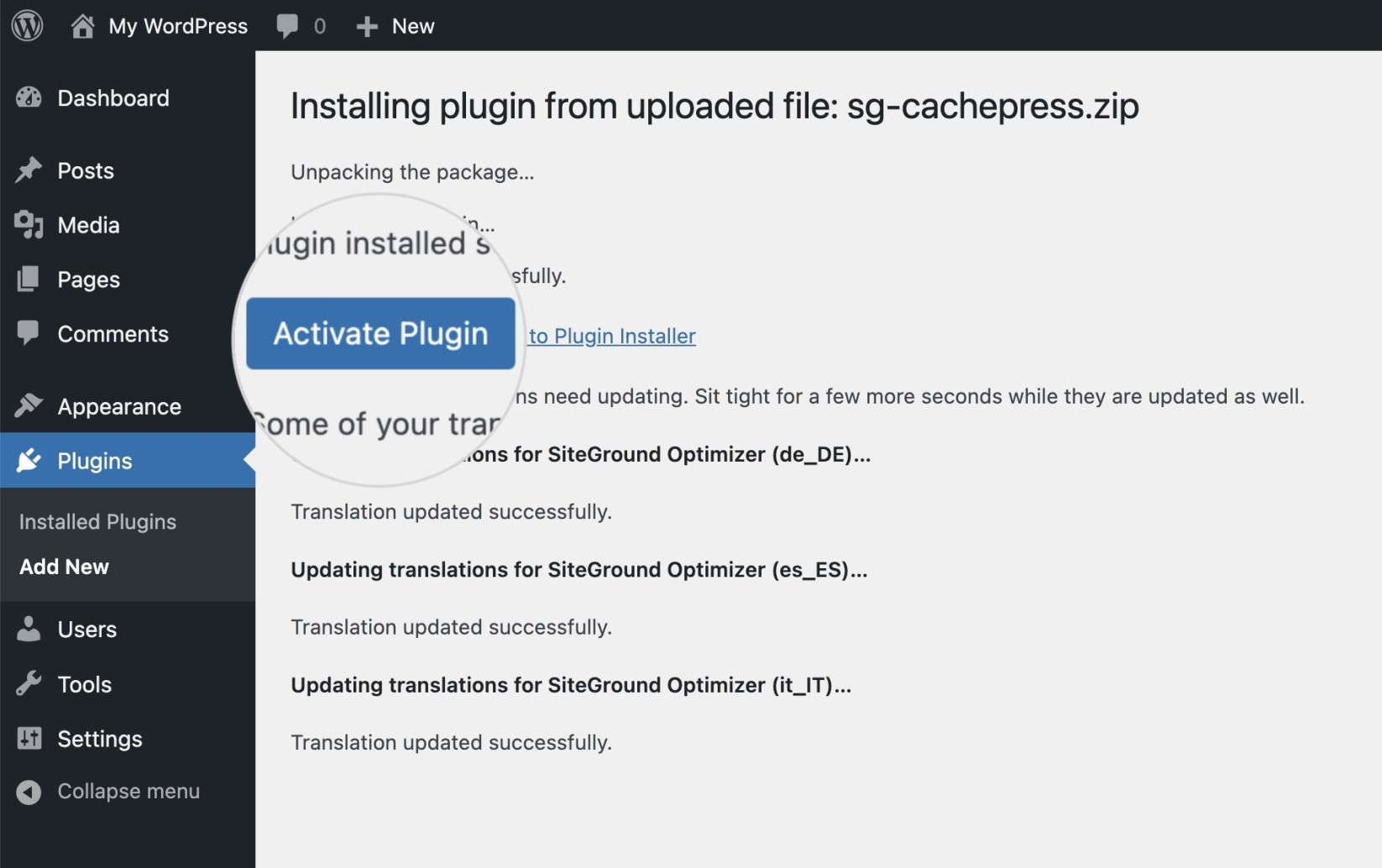 "Activate Plugin" button for an uploaded WordPress plugin
