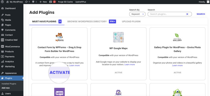  17 "Screenshot showing how to activate a WordPress plugin from the dashboard"