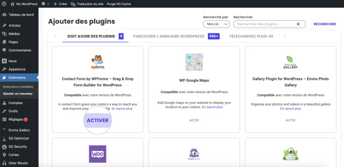 Capture d’écran montrant comment activer un plugin WordPress depuis le tableau de bord