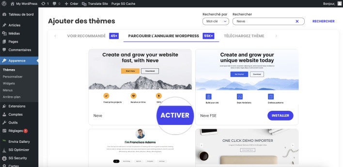 Capture d’écran montrant comment activer un thème WordPress