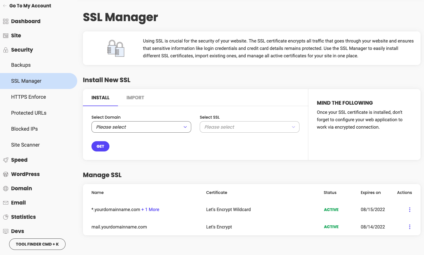 Screenshot of the SSL Manager in Site Tools