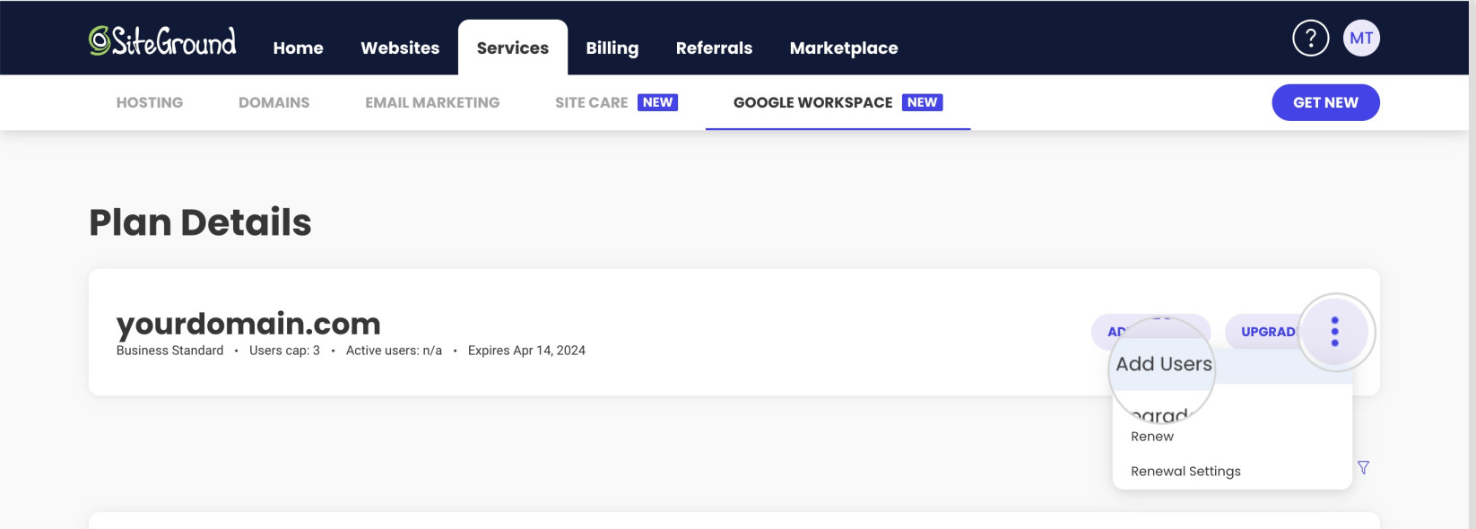 Adding users from the Google Workspace plan settings