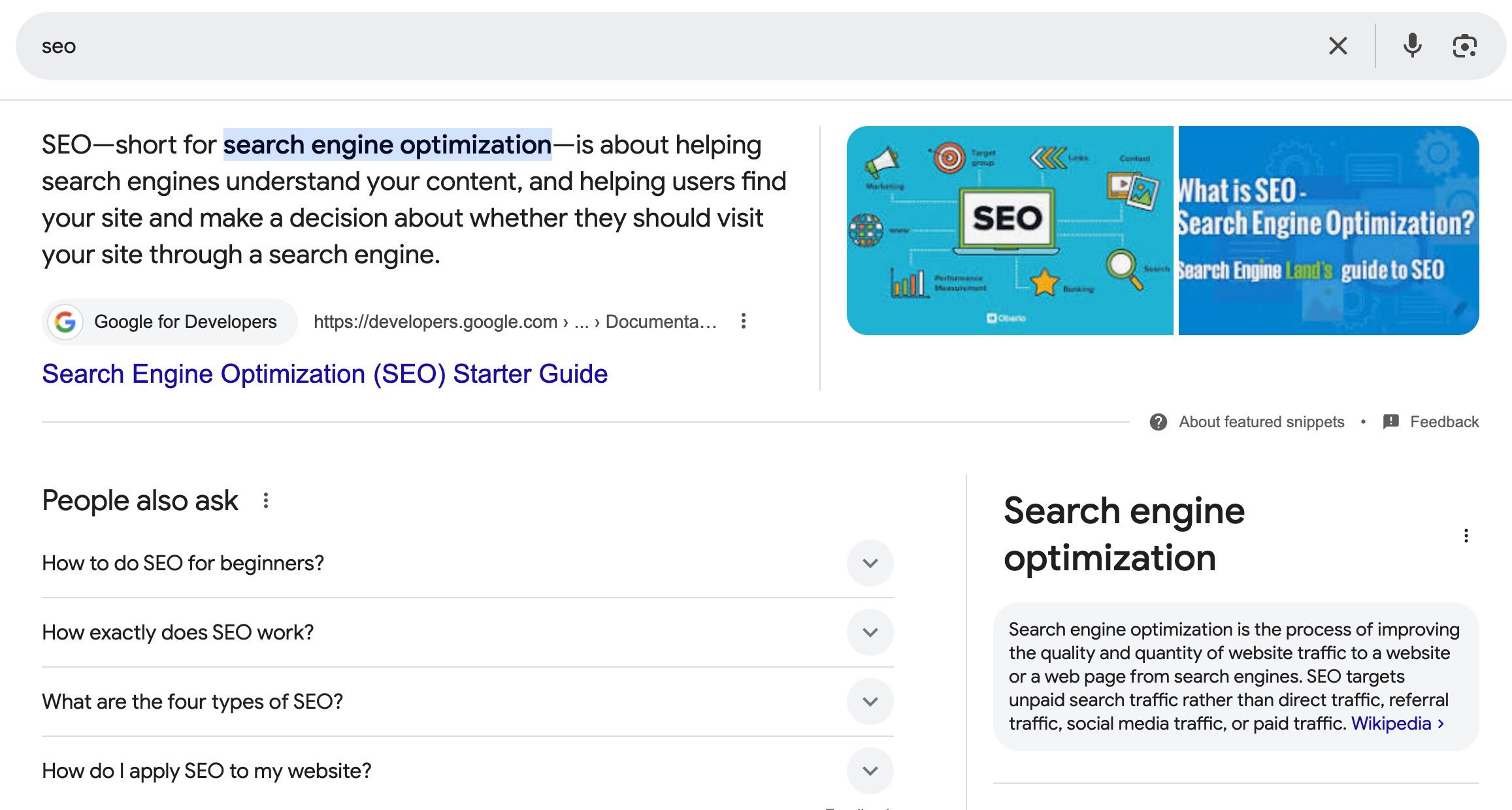 Google search results page displaying a featured image snippet and a paragraph snippet for an SEO search query.