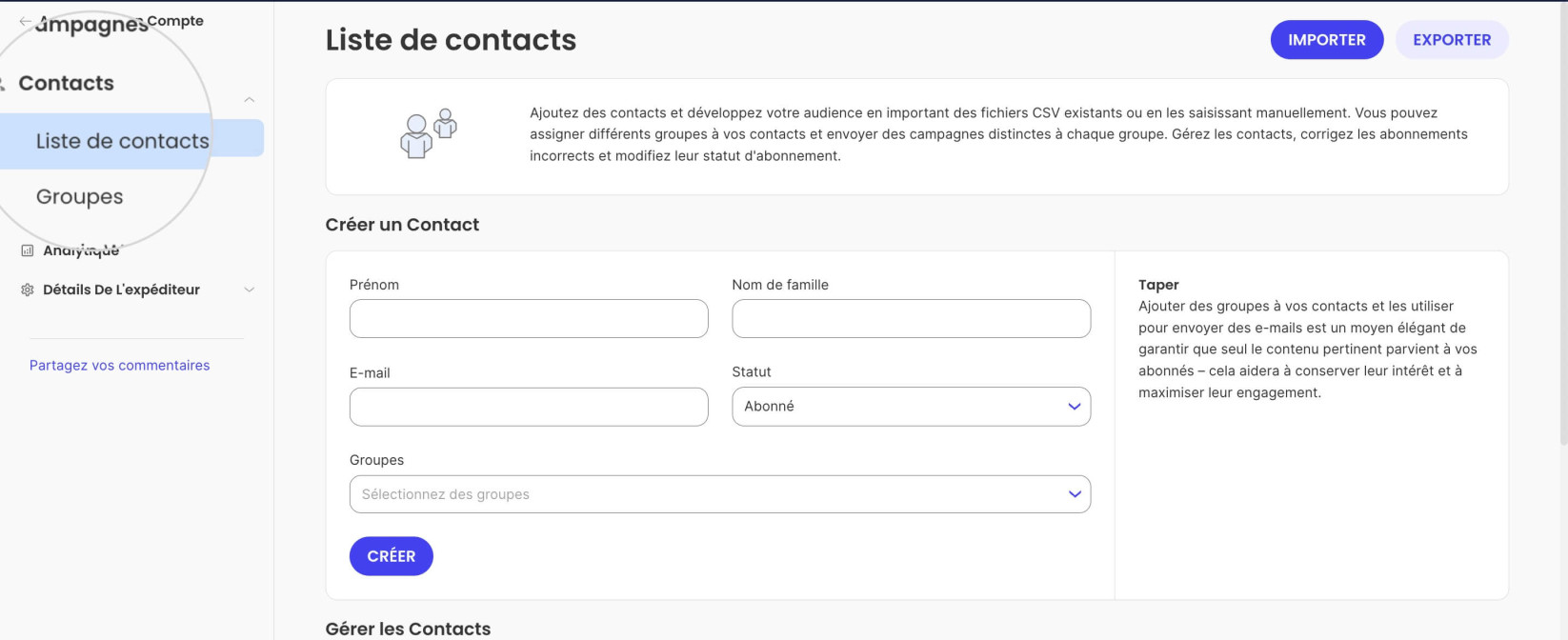 Capture d'écran affichant la section Contacts du service Email Marketing