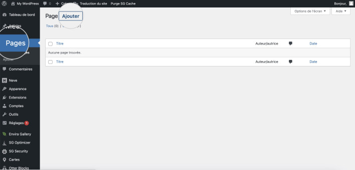 Capture d’écran montrant comment ajouter une nouvelle page dans WordPress