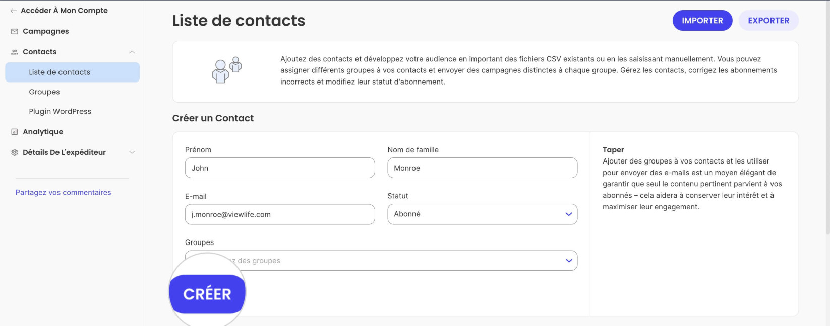 Capture d'écran affichant la section où vous pouvez ajouter les informations de votre contact et les enregistrer