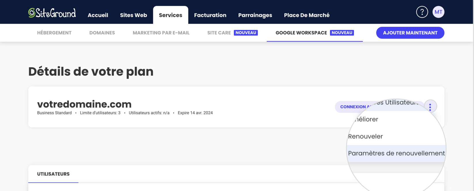 Paramètres de renouvellement pour Google Workspace dans l’espace client de SiteGround