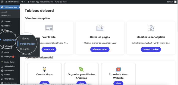 Capture d’écran de l’option Personnaliser l’apparence du thème WordPress dans le tableau de bord