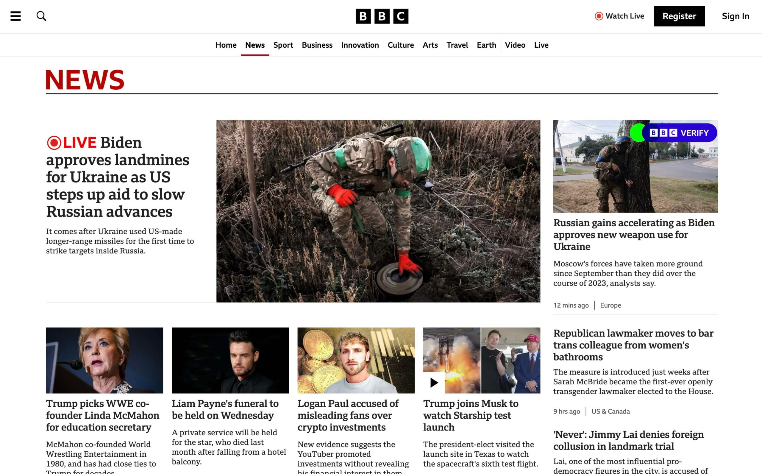 Screenshot of BBC News front page illustrating dynamic website features