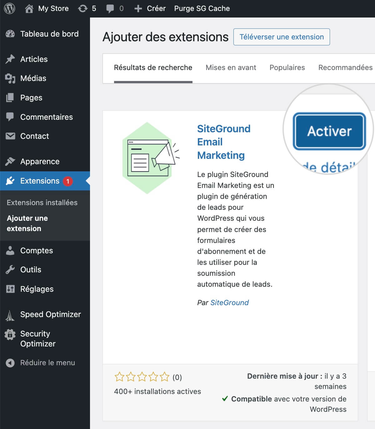 Bouton « Activer » pour le plugin E-mail Marketing