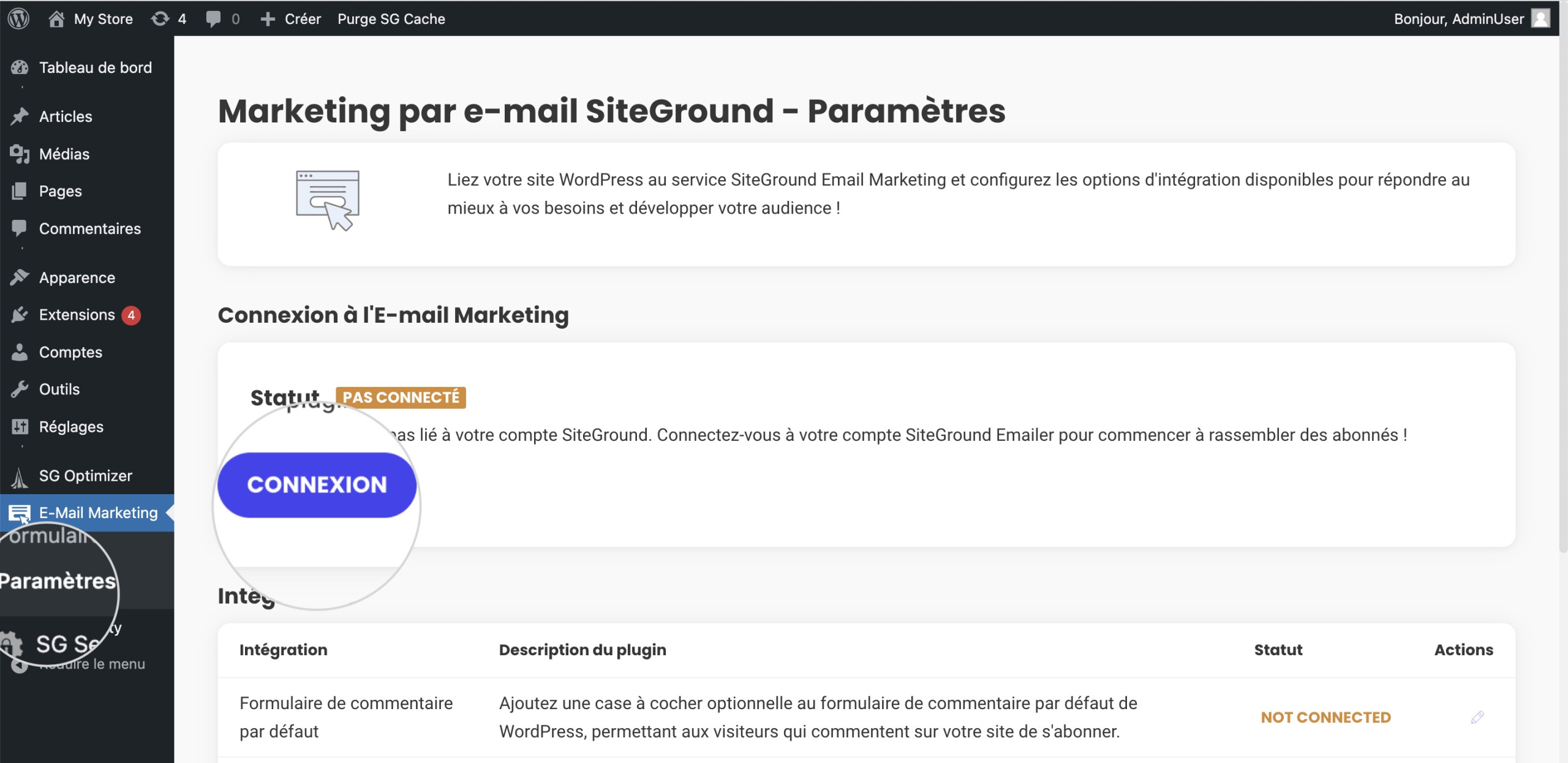 Le bouton "Connexion" dans le plugin E-mail Marketing où vous devez coller le jeton de connexion