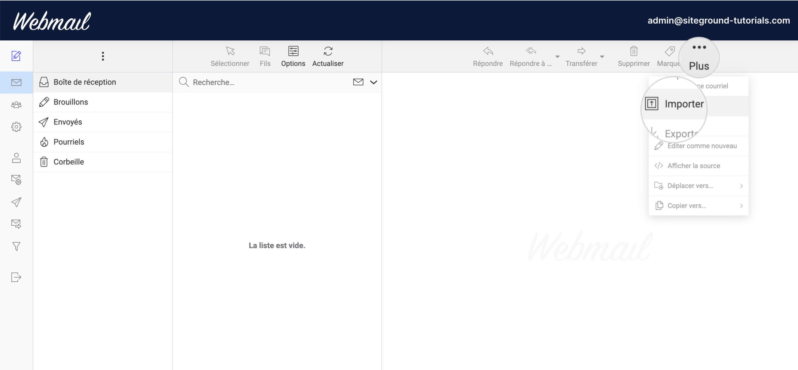 Bouton Importer dans le Webmail 