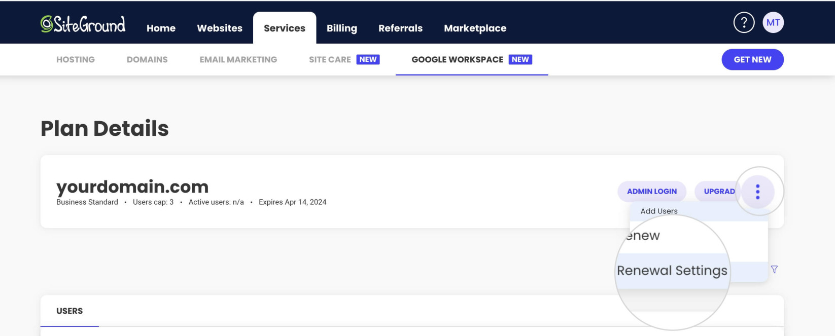 Renewal settings for Google Workspace in SiteGround Client Area