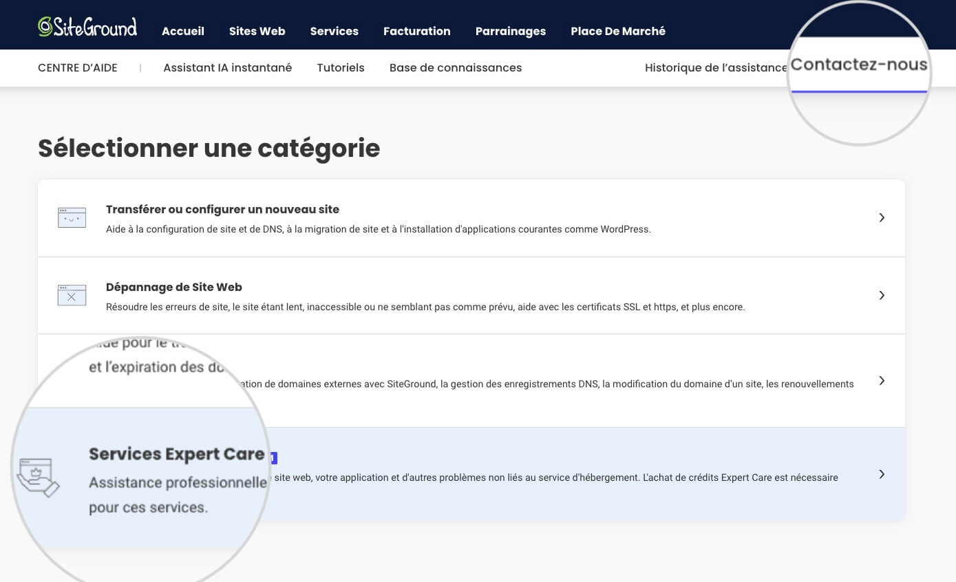 Services Expert Care dans la section Contactez-nous