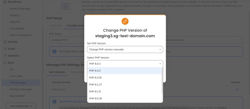 A screenshot of SiteGround's Site Tools dashboard menu, where you change the PHP version of a website, with a dropdown showing available versions ranging from 8.0 to 8.4.