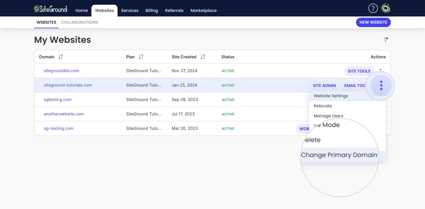 Change Primary Domain in SiteGround Client Area