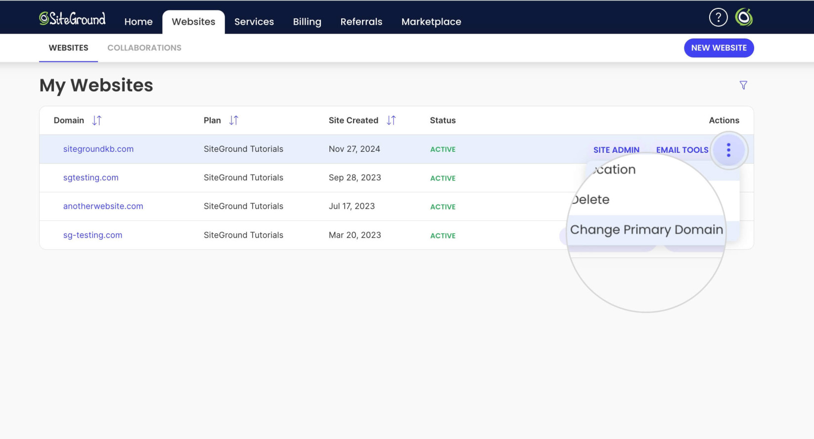 How to change the primary domain of a SiteGround Site Builder website
