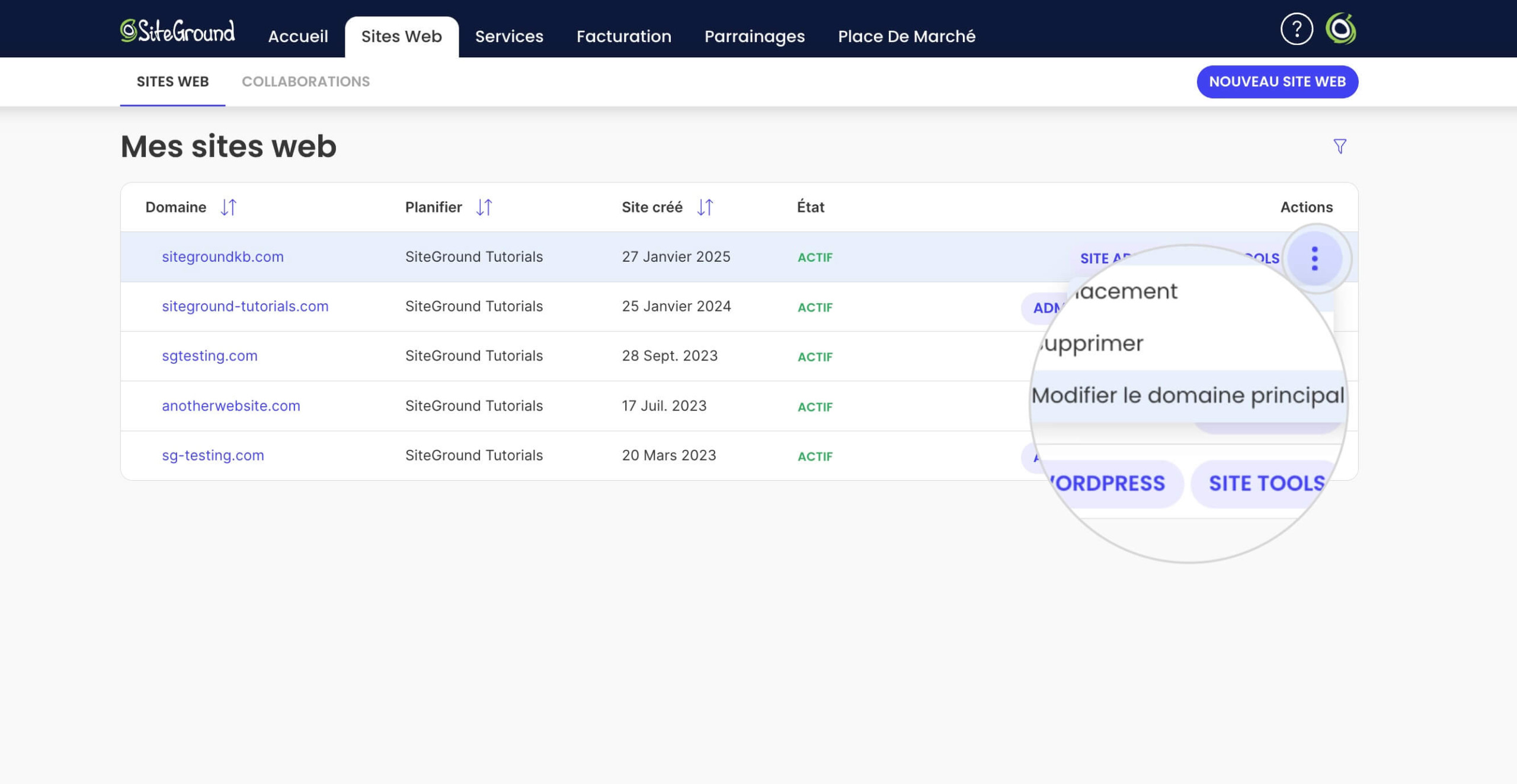 Comment changer le domaine principal d'un site web SiteGround Site Builder