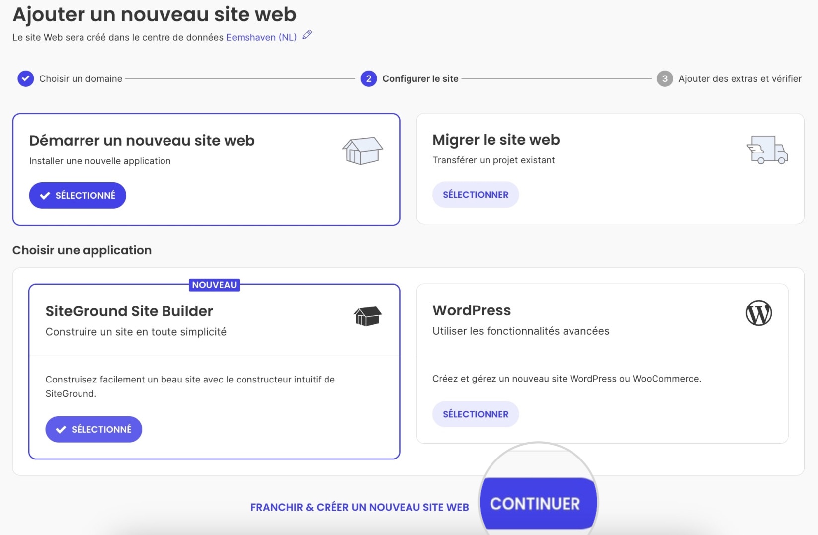 Capture d'écran de l'assistant de configuration où vous pouvez sélectionner SiteGround Site Builder