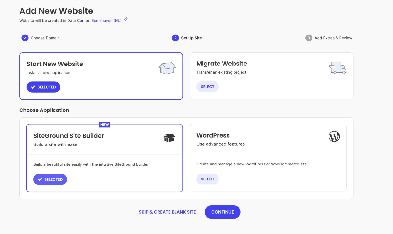 SiteGround Site Builder option for a new website 