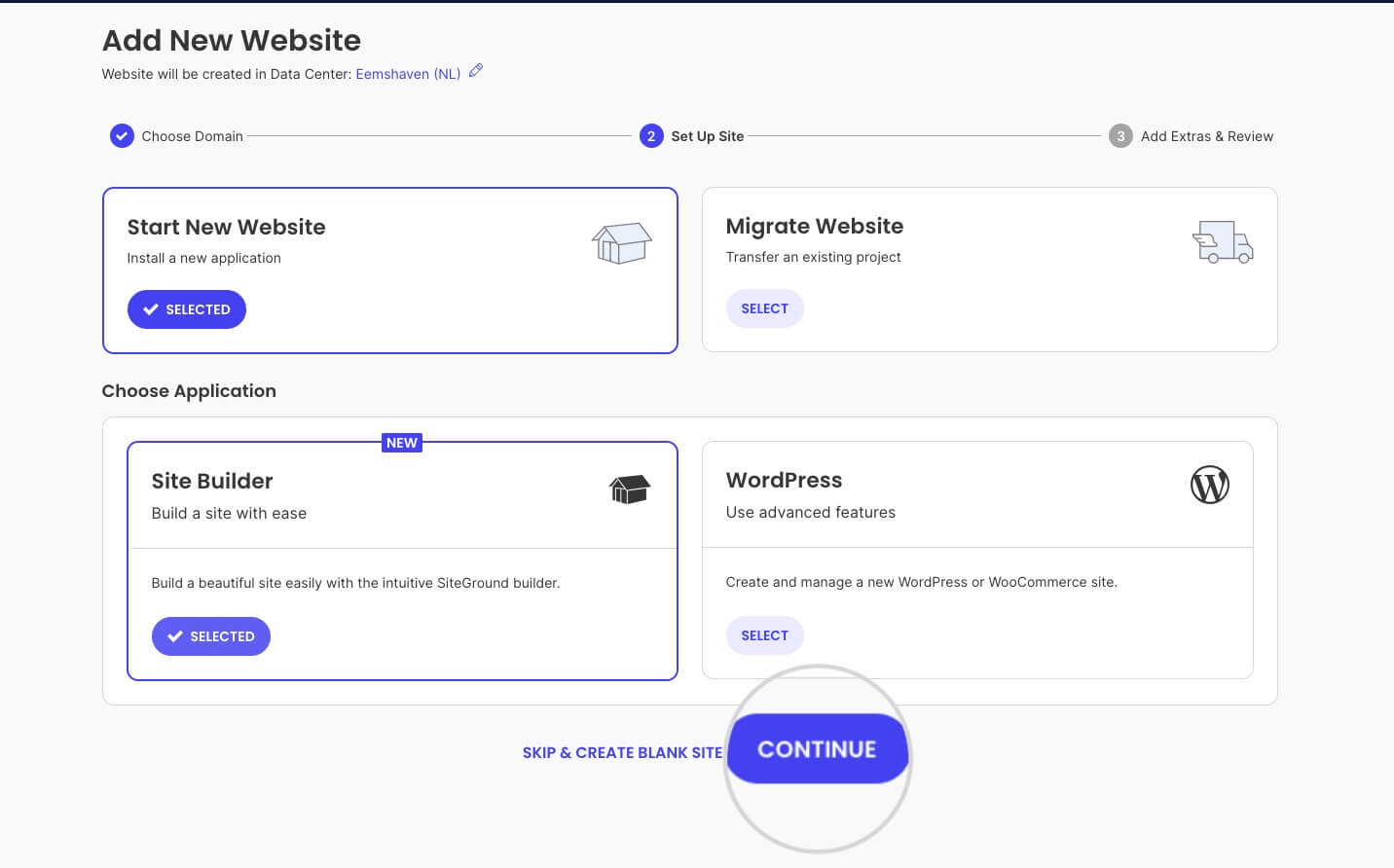 Screenshot of the Setup Wizard where you can select SiteGround Site Builder