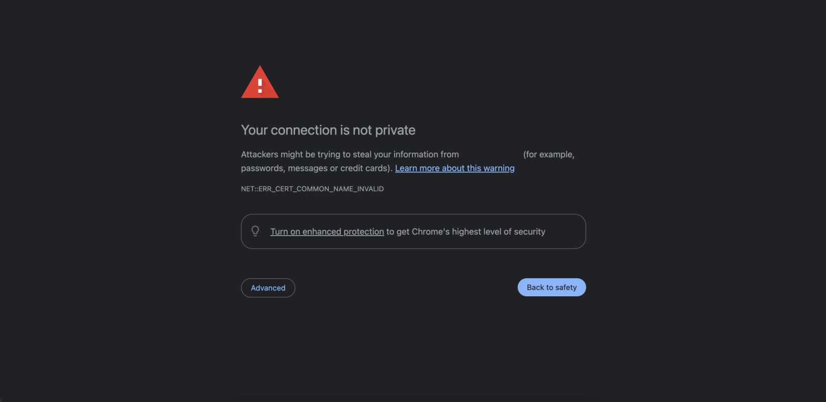 A screenshot of the SSL warning message in Chrome, displaying the ERR_CERT_COMMON_NAME_INVALID.