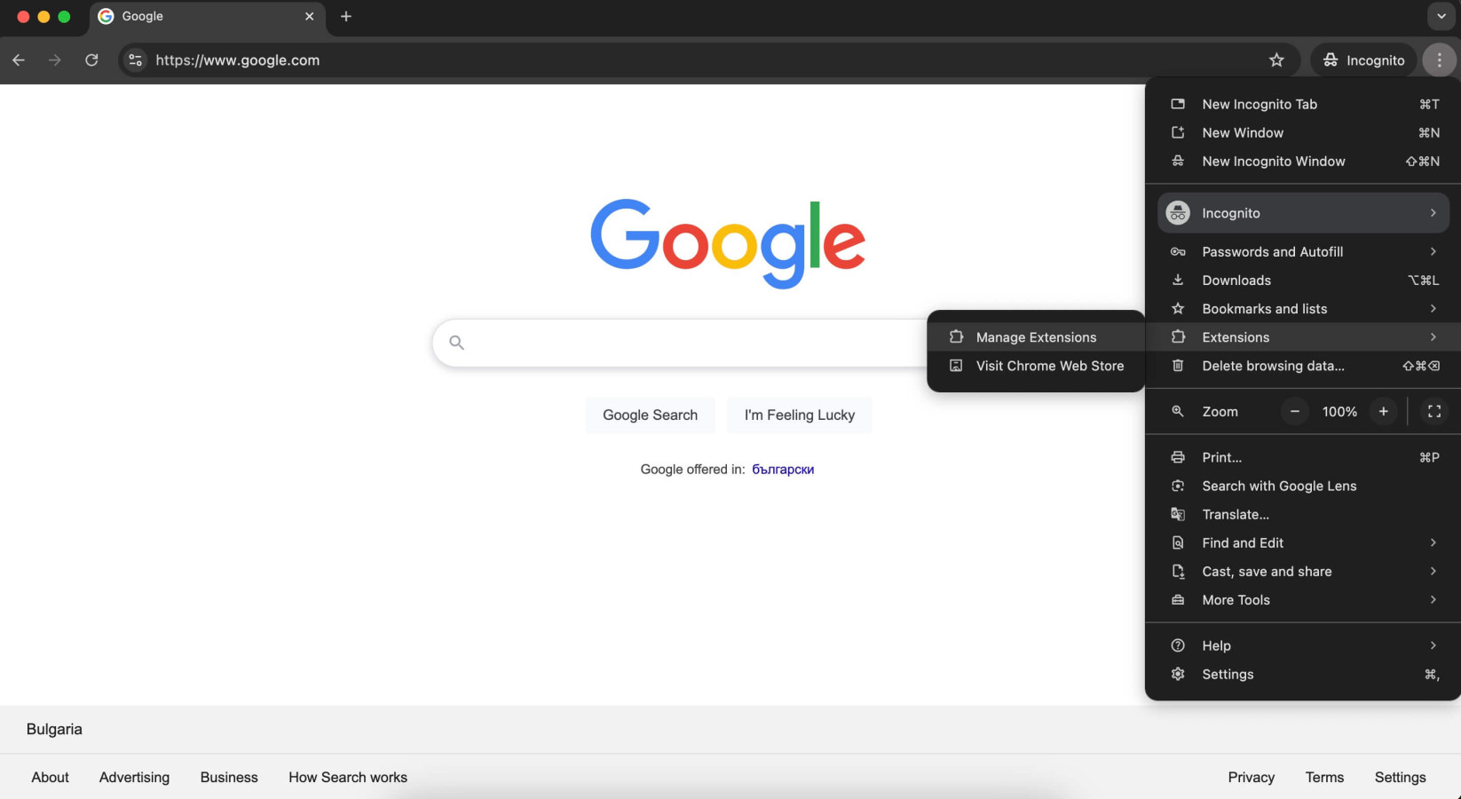 A screenshot of Google Chrome's settings menu, and the option open the extensions page.