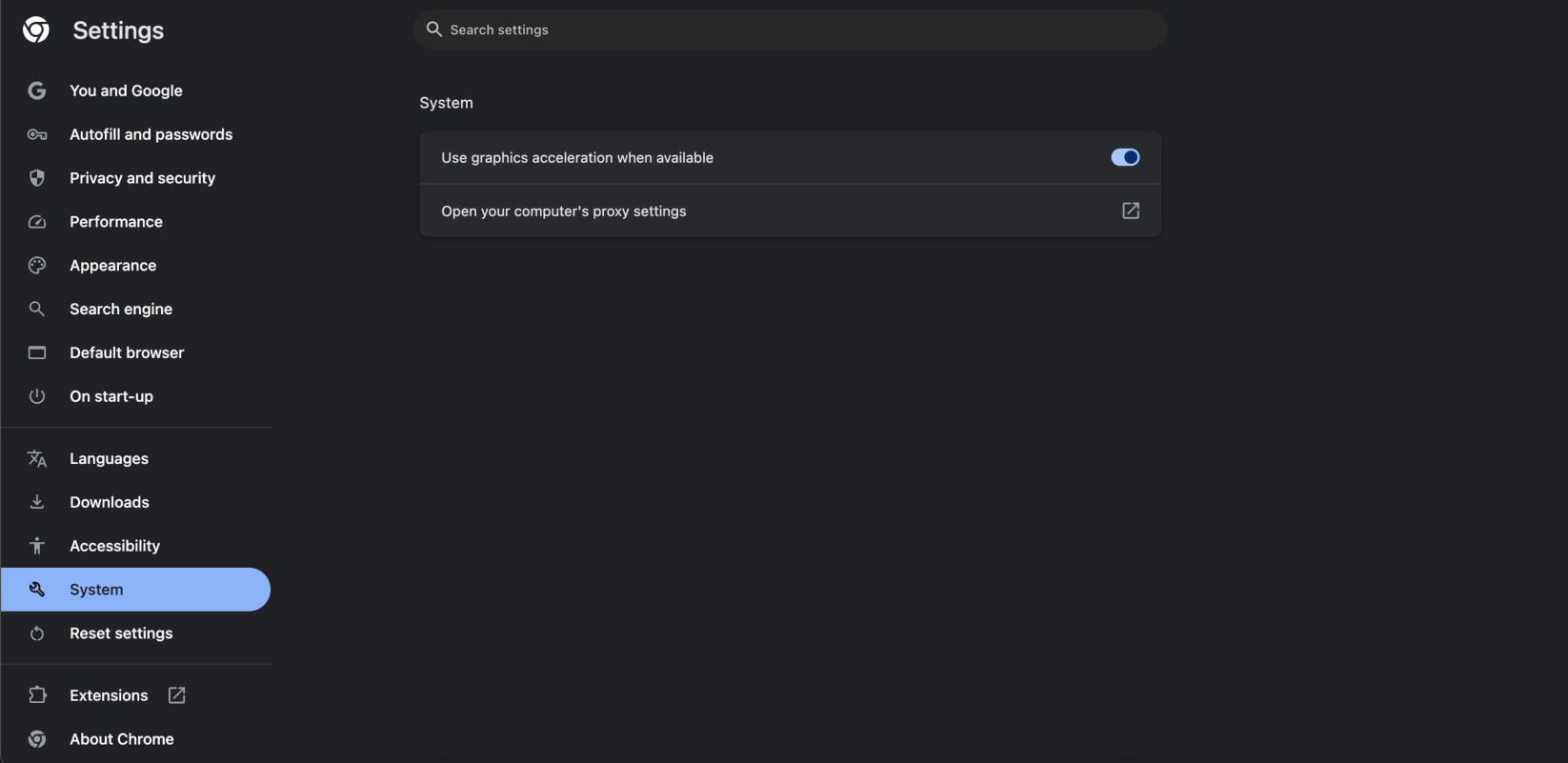 Google Chrome's advanced settings page, showing the option to open your computer's proxy settings.