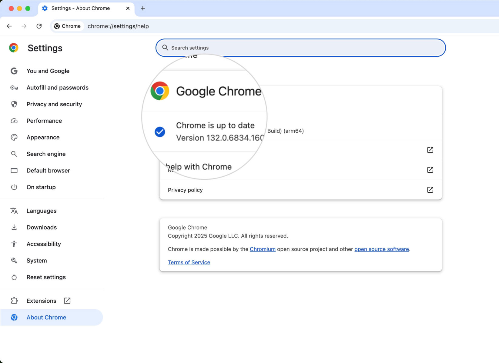 Chrome updates menu