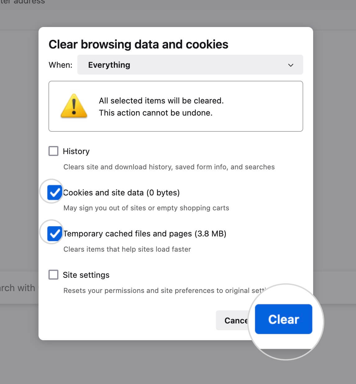 How to clear cache and cookies on Firefox