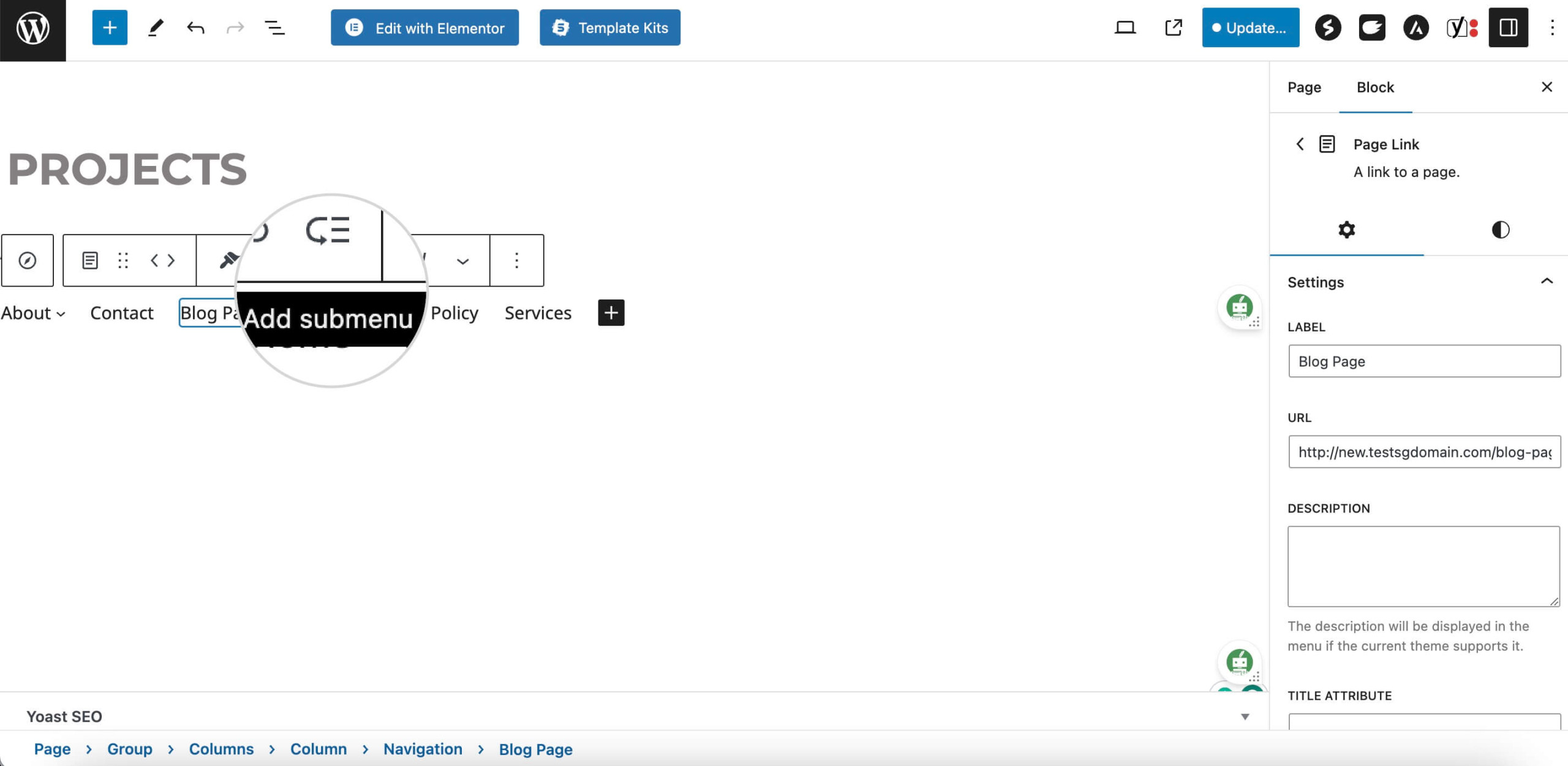 Screenshot showing how to add a submenu with the Block Editor