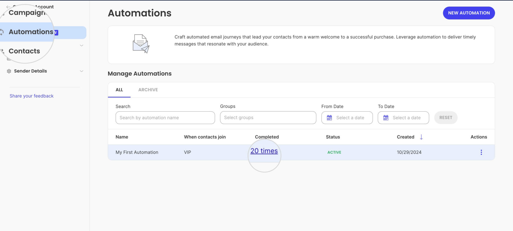 Statistics link for an Email Automation