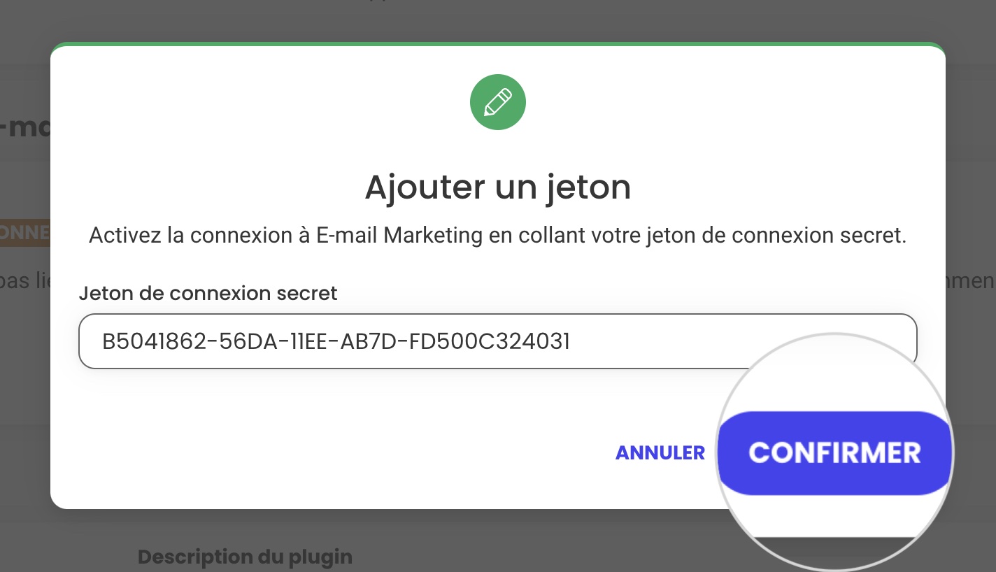 Comment confirmer le jeton de connexion dans le plugin E-mail Marketing