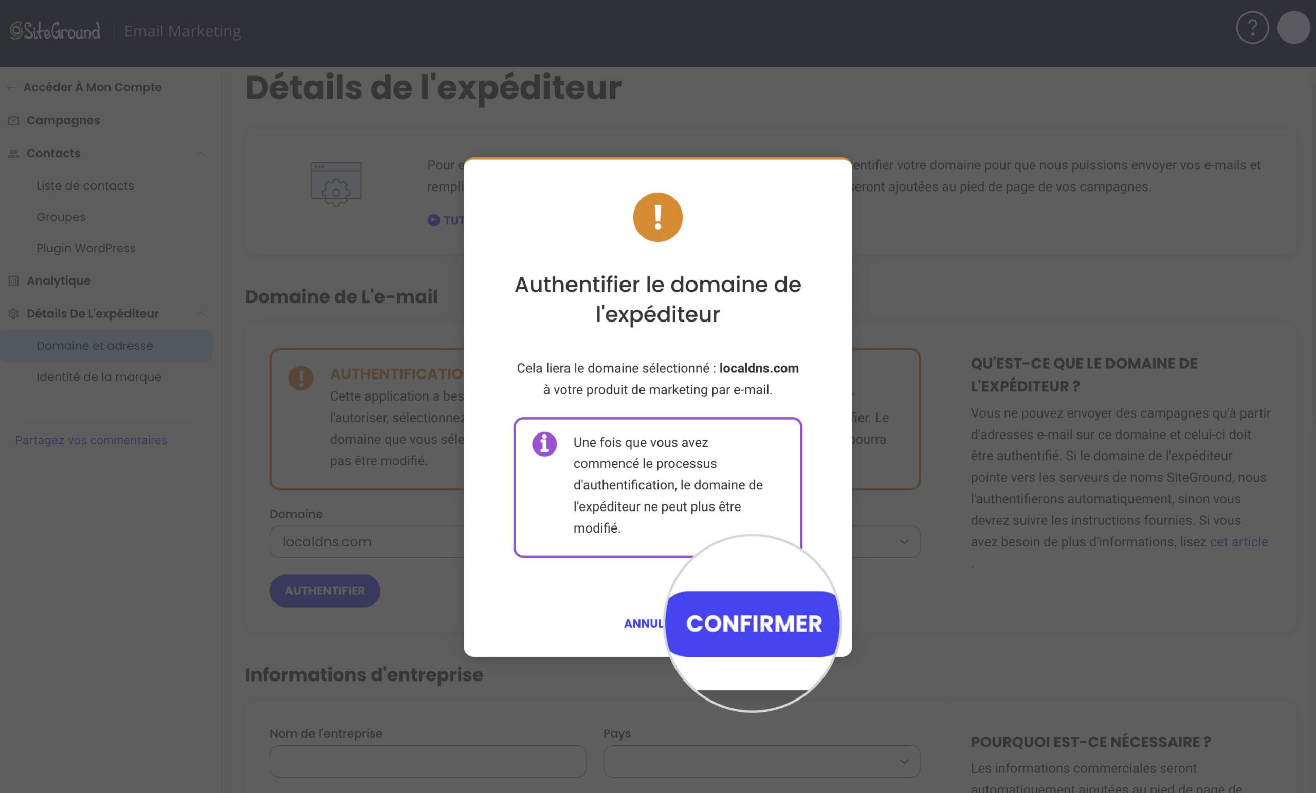 Capture d'écran montrant le bouton Confirmer dans la pop-up pour confirmer le démarrage du processus