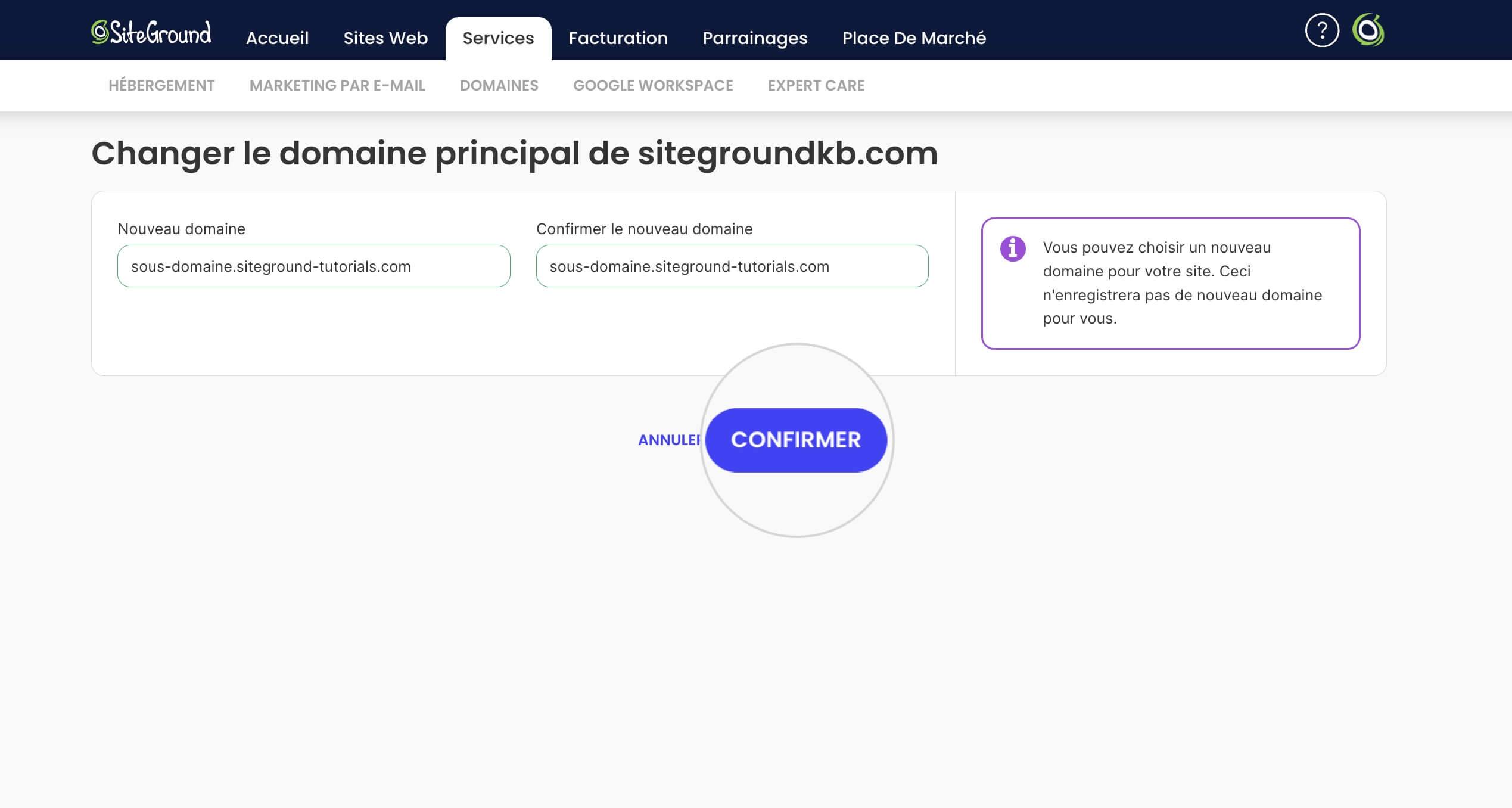 Comment confirmer le changement de domaine principal d'un site web Site Builder 