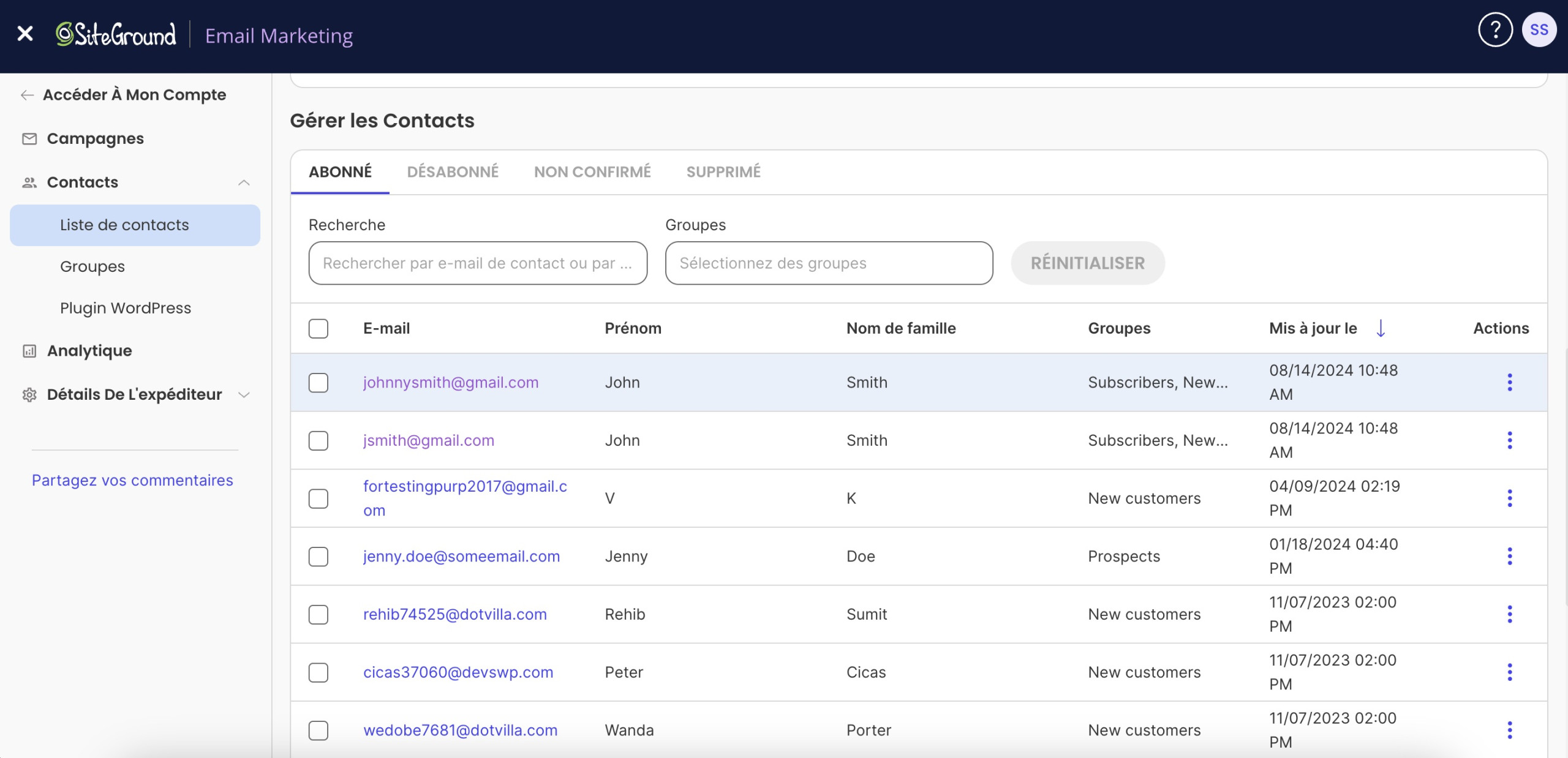 Un contact ajouté à votre liste de contacts E-mail Marketing SiteGround à partir du plugin E-mail Marketing
