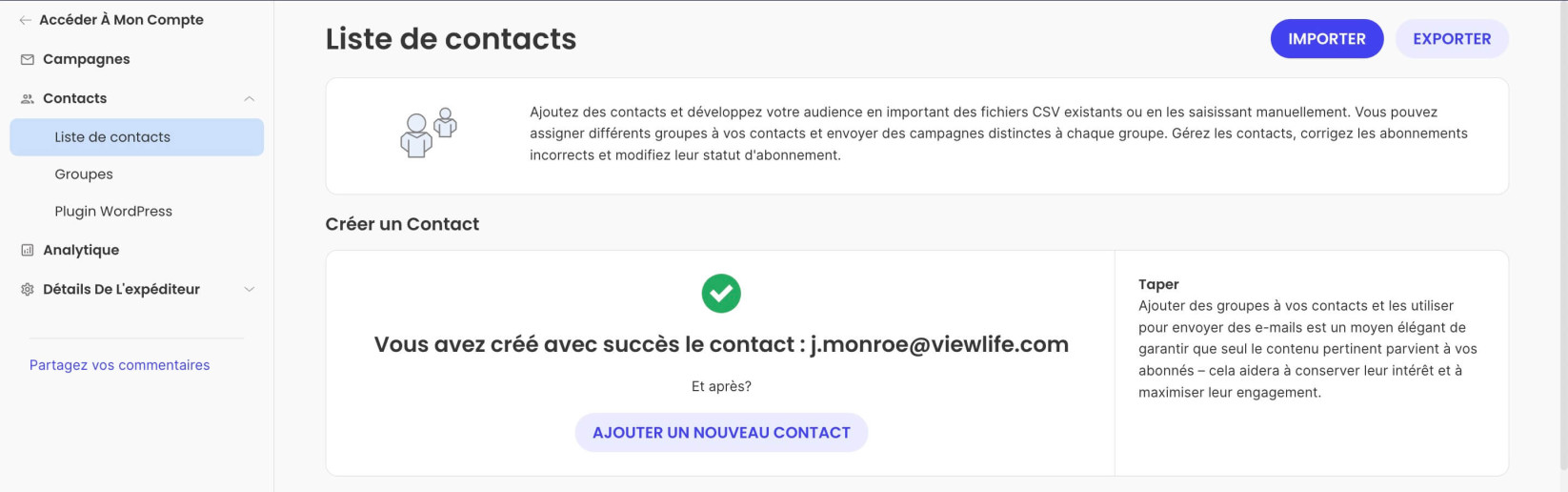 Contact créé avec succès dans le Marketing par e-mail