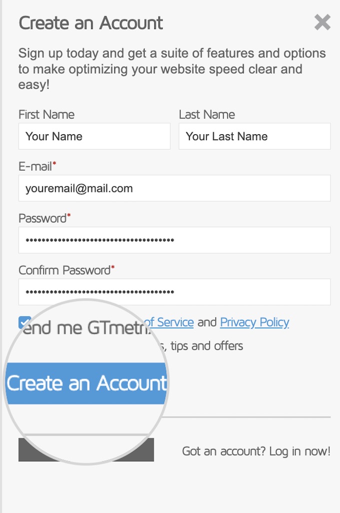Screenshot displaying the registration form for GTmetrix