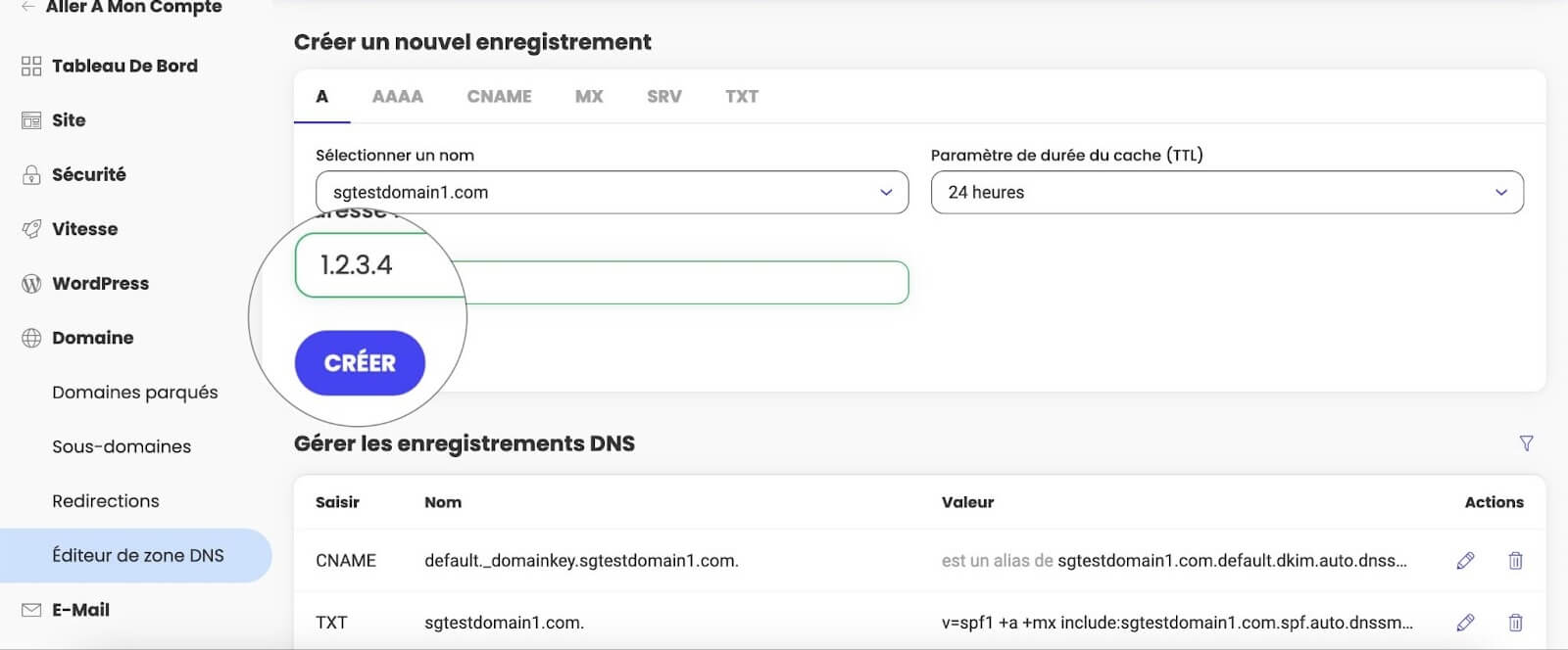 Comment créer un enregistrement DNS dans Site Tools