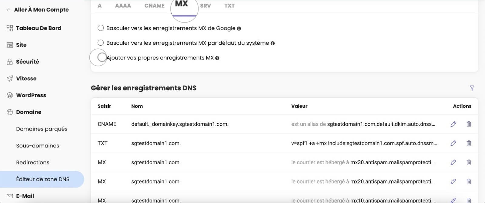 Comment ajouter des enregistrements DNS MX dans Site Tools