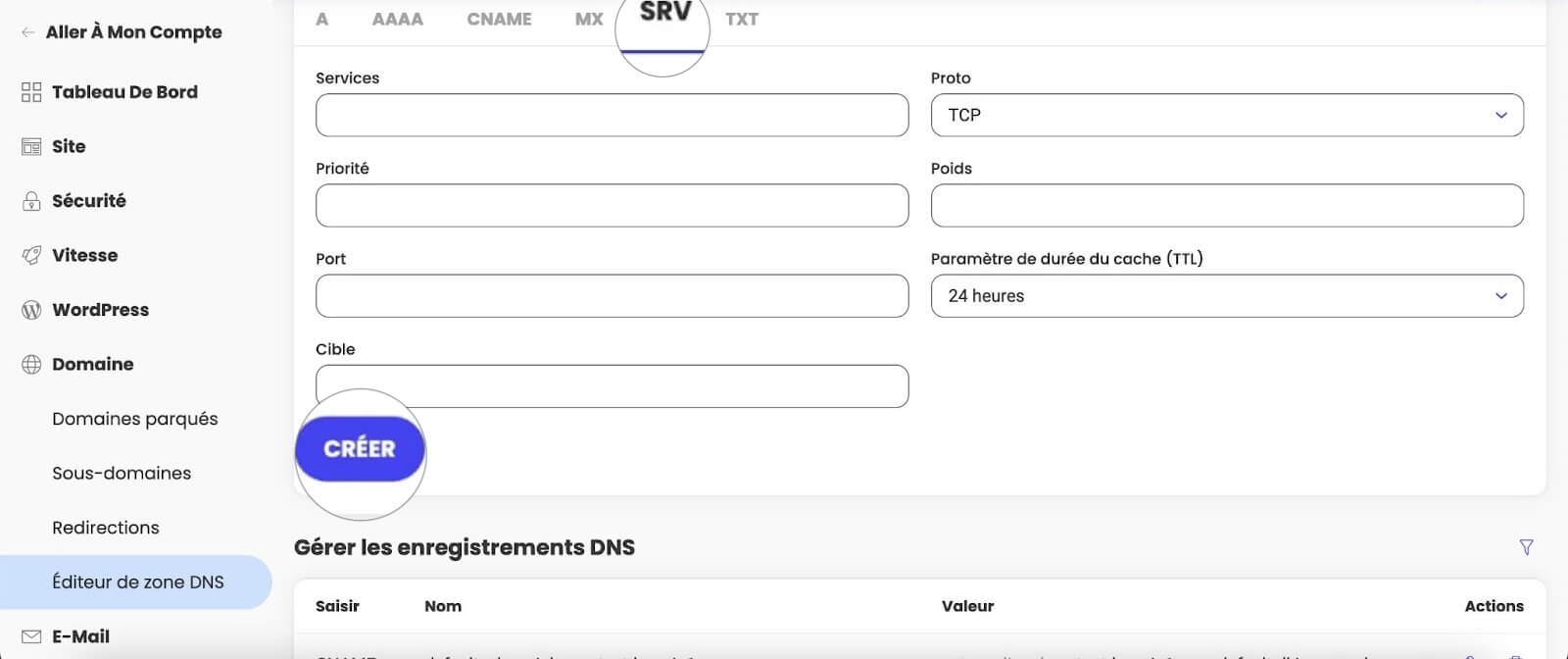 Comment créer des enregistrements DNS SRV dans Site Tools