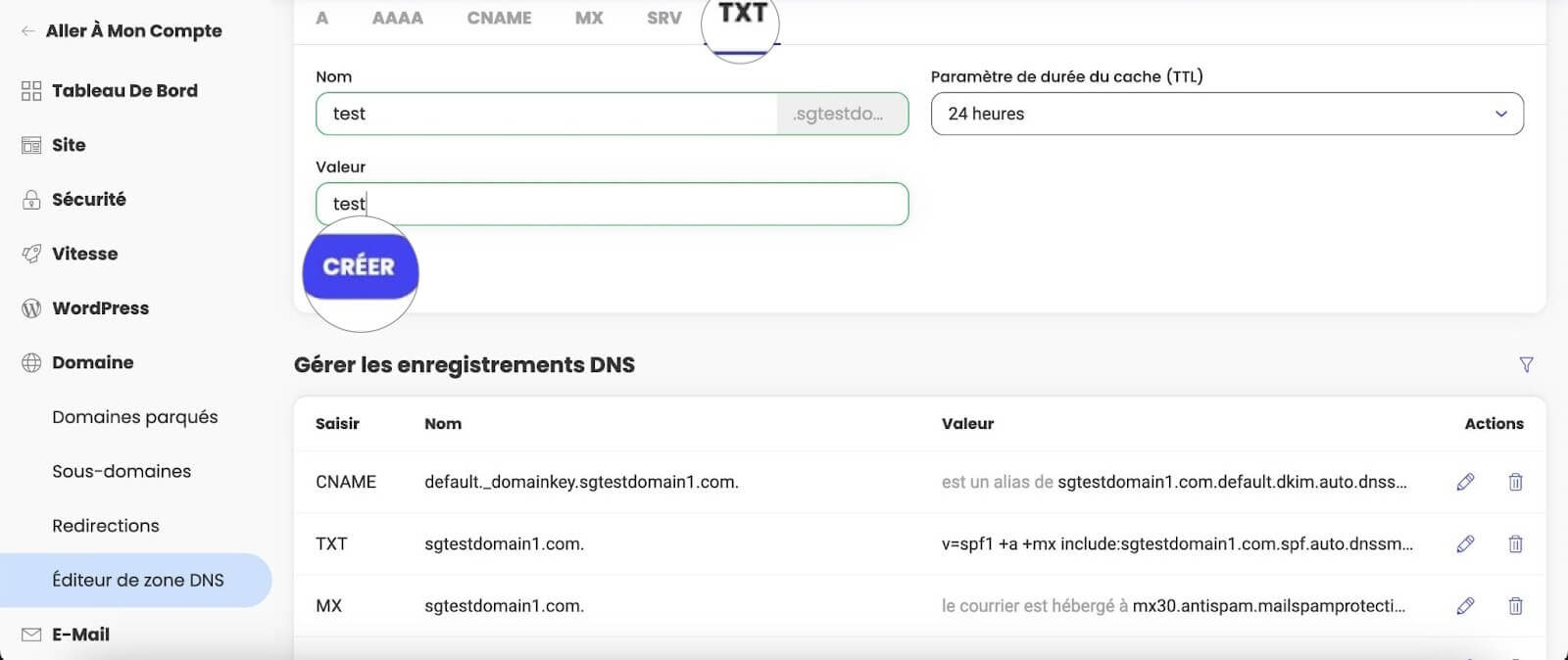 Comment créer des enregistrements DNS TXT dans Site Tools