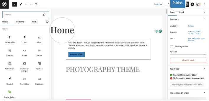 Capture d’écran illustrant comment créer une page d’accueil dans WordPress